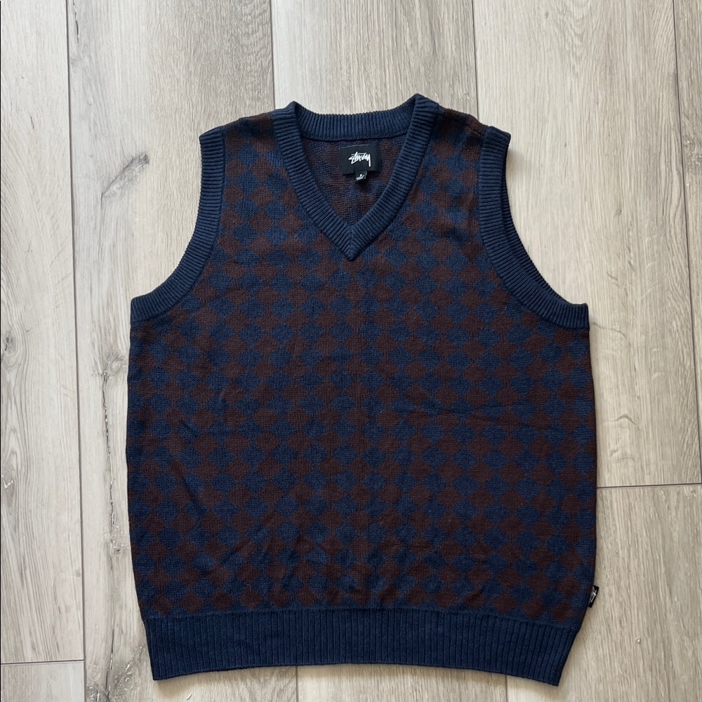 Stussy V-Neck Sweater Vest in Navy and Brown